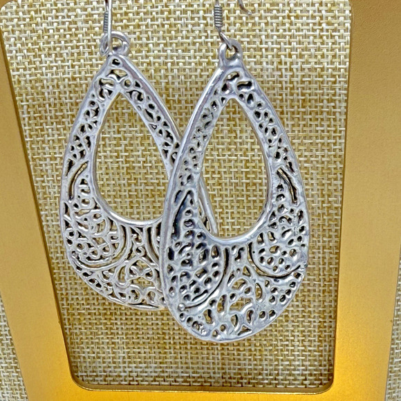 E&L Sterling Silver Electroform Open Filigree Teardrop Dangle Earrings - Picture 3 of 8